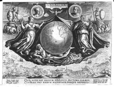 Entdeckung Amerikas mit Porträts von Amerigo Vespucci (1454-1512) und Christoph Kolumbus (1451-1506), graviert von Jan Collaert (1566-1628), gedruckt von Philipp Galle (1537-1612) um 1600 von Jan van der Straet